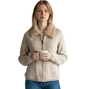 Melody Garden Sweater Jacket M Tan Animal Print Faux Fur Zip Retro Mob Wife Vtg‎